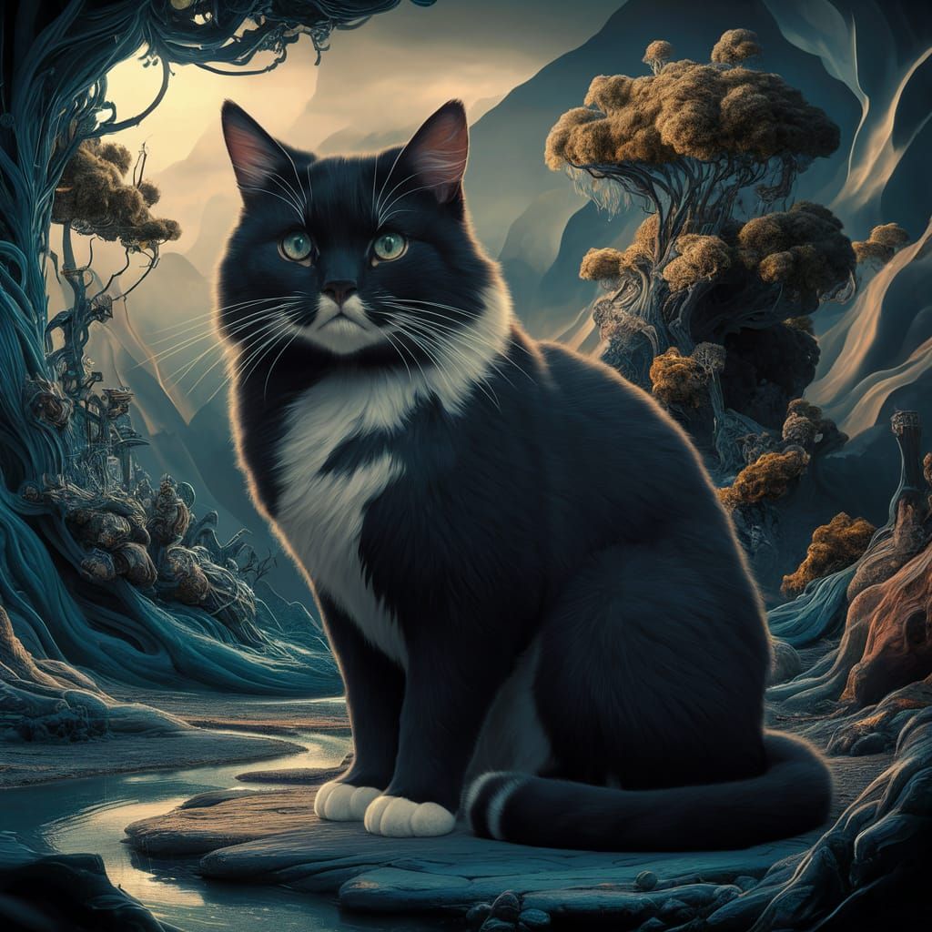 Majestic Black Cat-Sìth in Fantastical Landscape