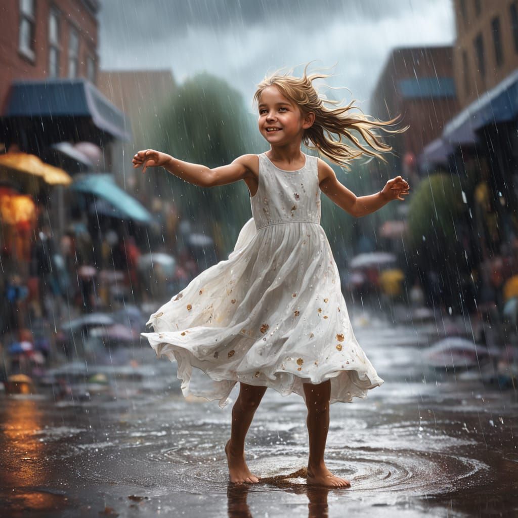 Girl Dancing in Summer Rain: Hyper-Realistic Oil Painting