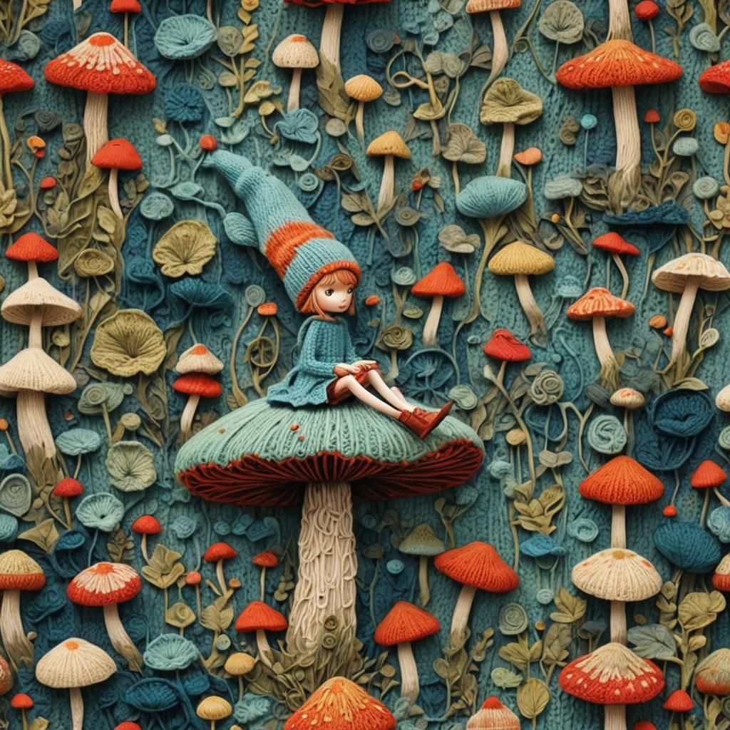 3D Knitted Pixie on Mushroom, Abstract Art
