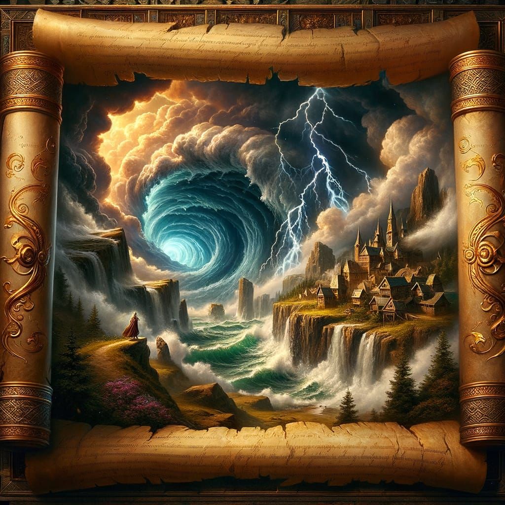 Mystical Parchment Unveiling a Stormy Coastal Village