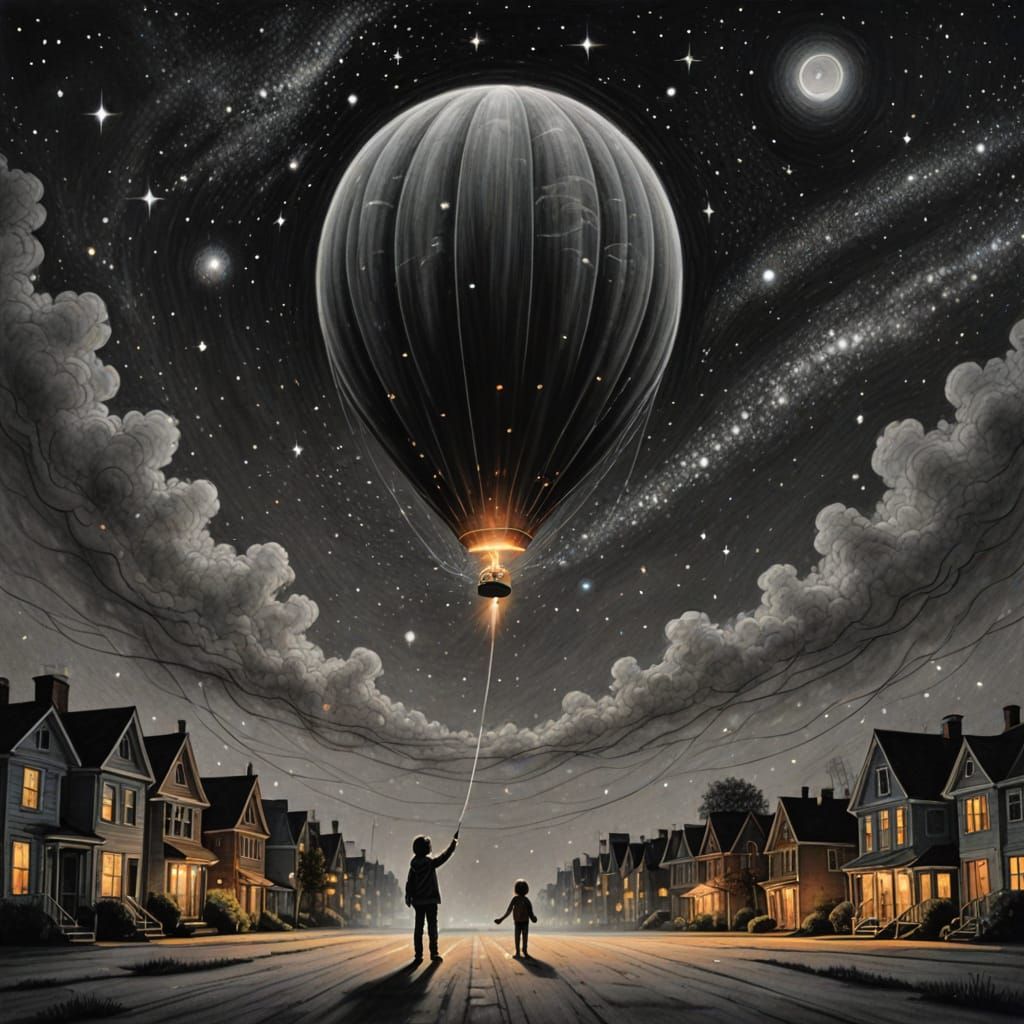 Child Inflates Cosmic Balloon in Charcoal Drawing