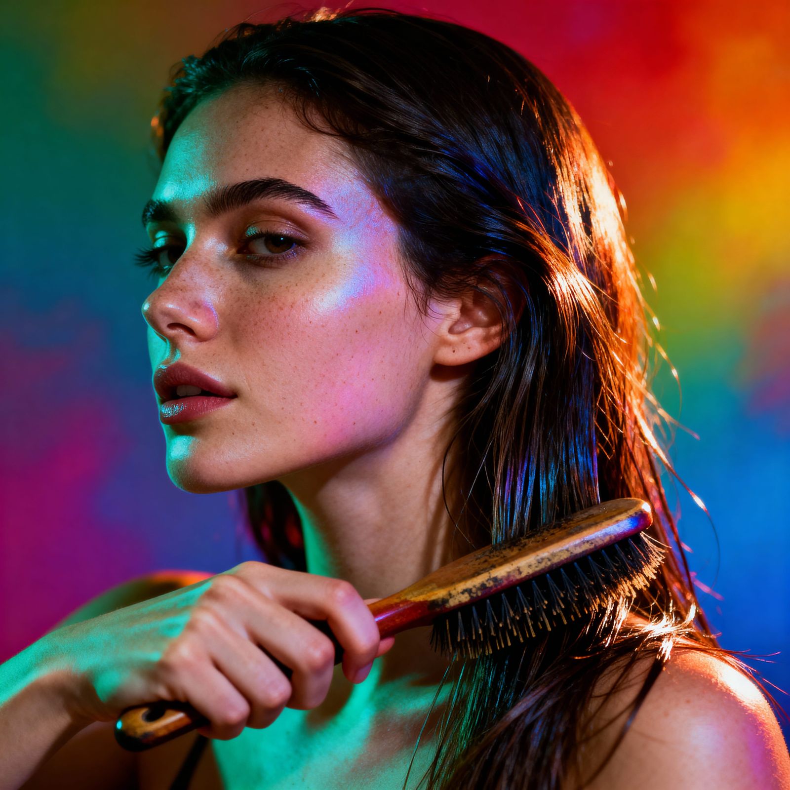 Hyperrealistic Woman Brushing Hair with Vibrant Colors