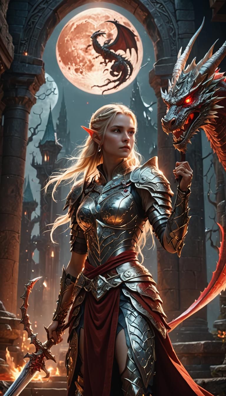 Elf Goddess and Dragon in Mystical Temple