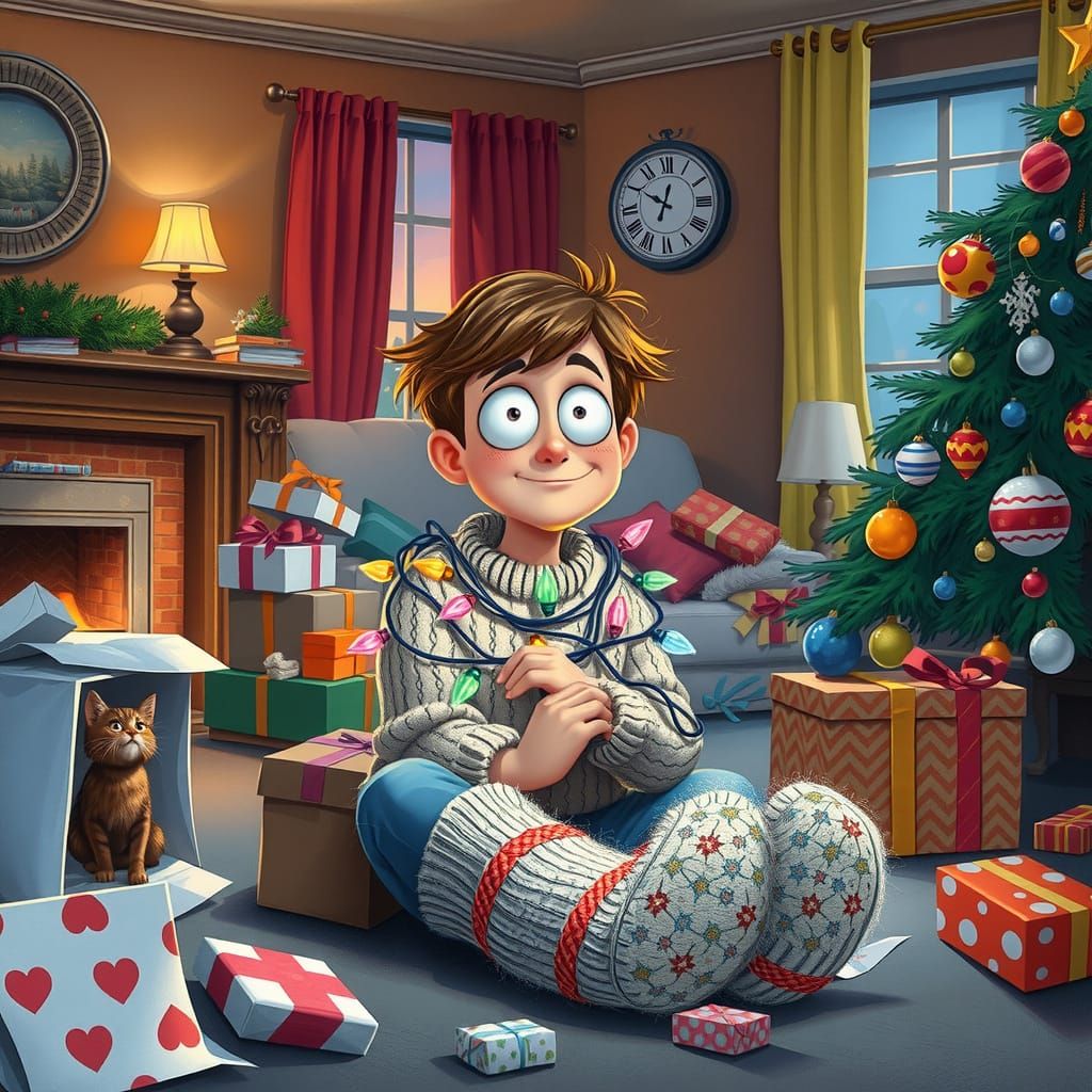 Whimsical Christmas Chaos in Cartoon Illustration Style