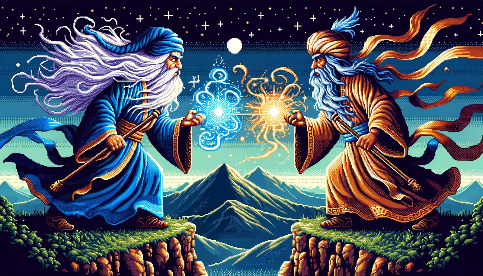 Epic 8-Bit Wizard Duel in a Pixel Art Landscape
