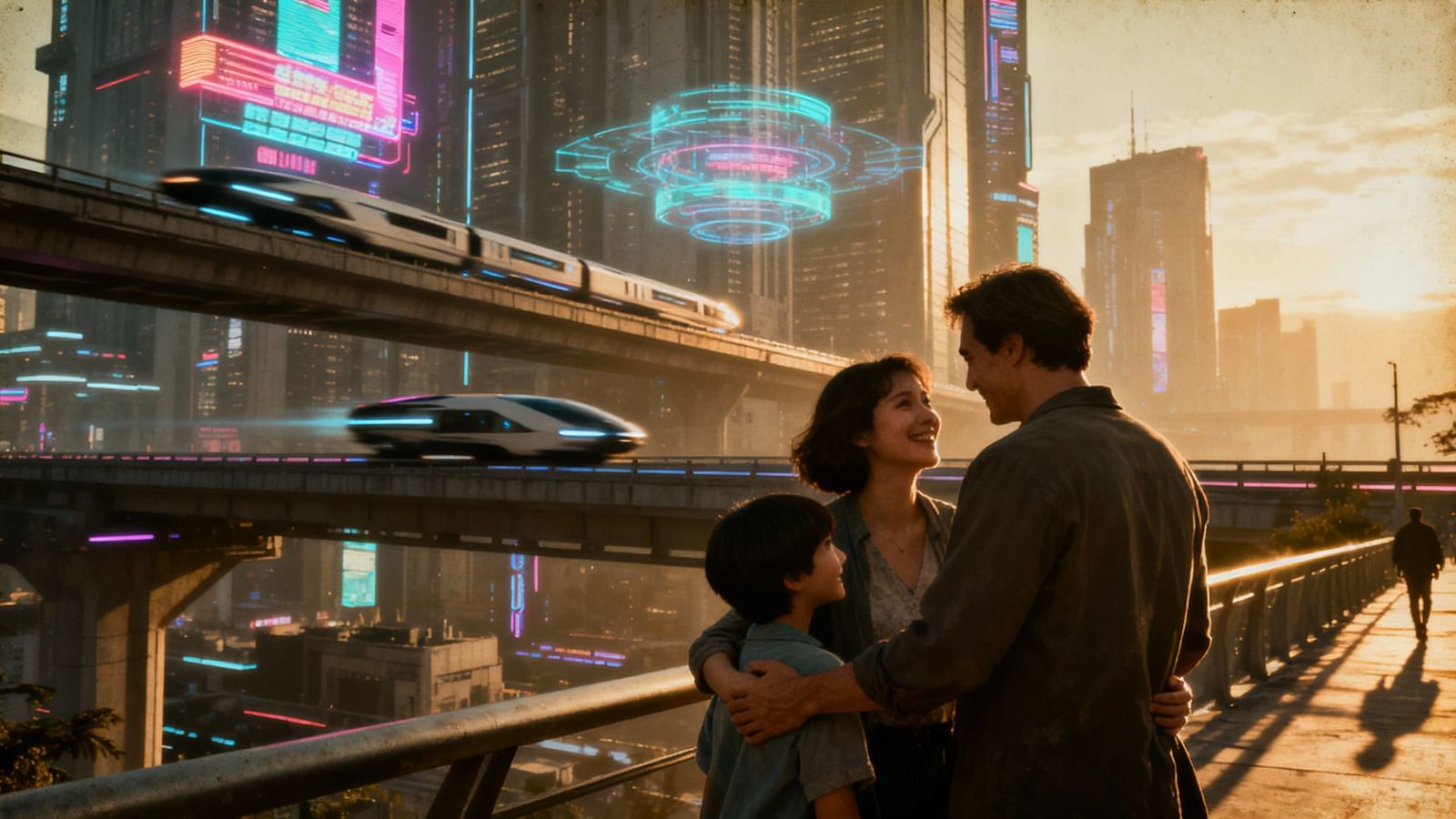 Joyful Family Reunion in Futuristic Neon City