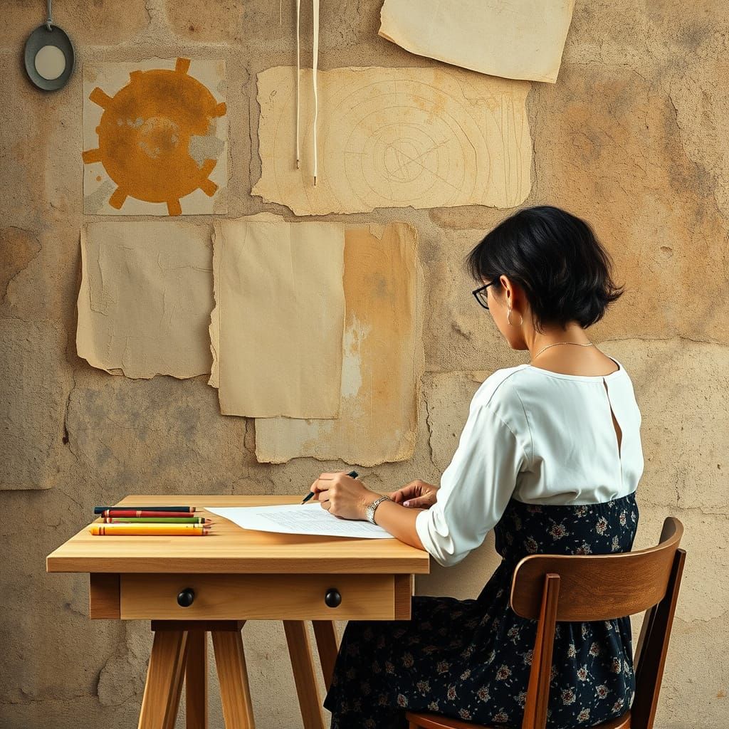 Frottage Art: Woman Rubbing Texture onto Paper