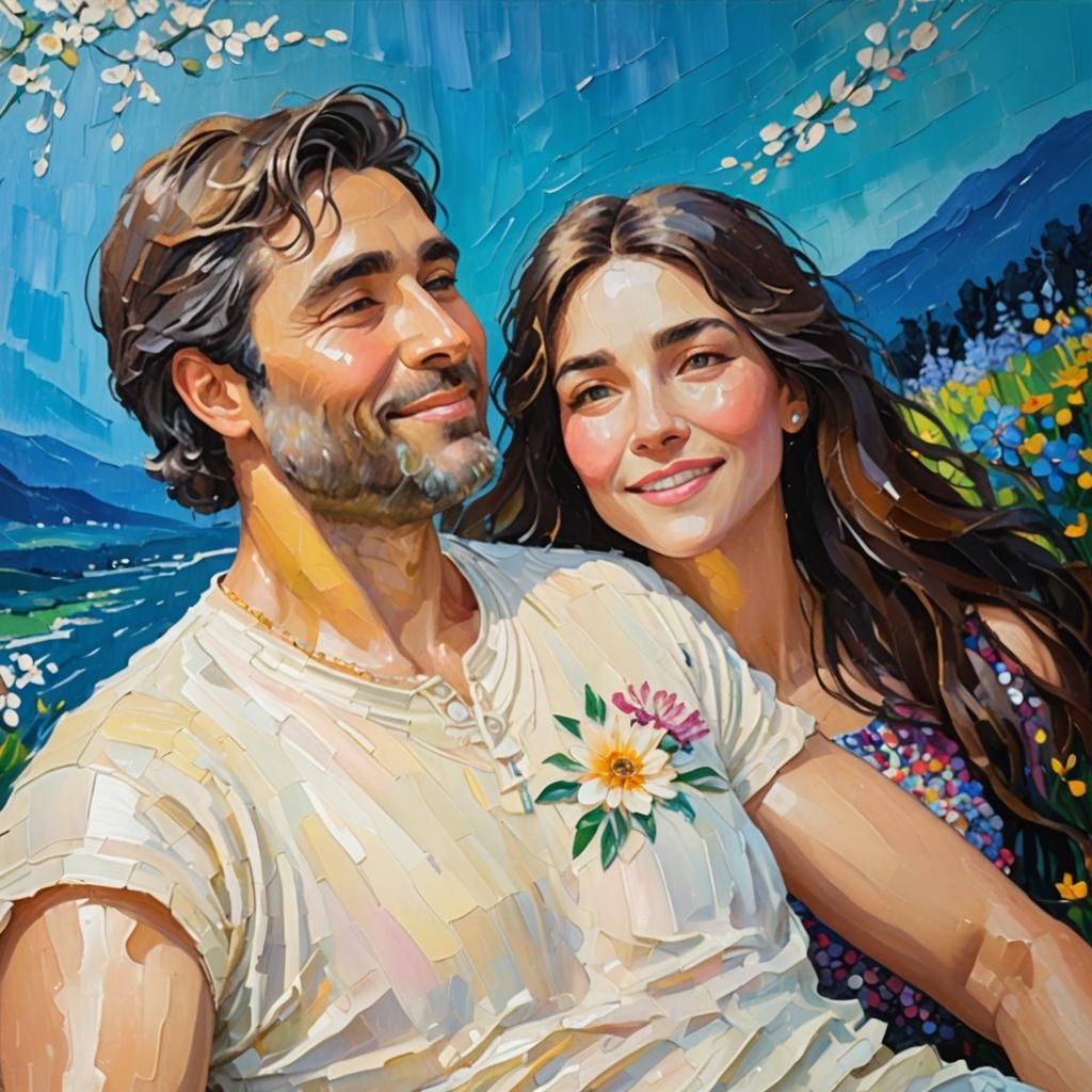 Happy Couple in a Flower Garden as Impasto Painting