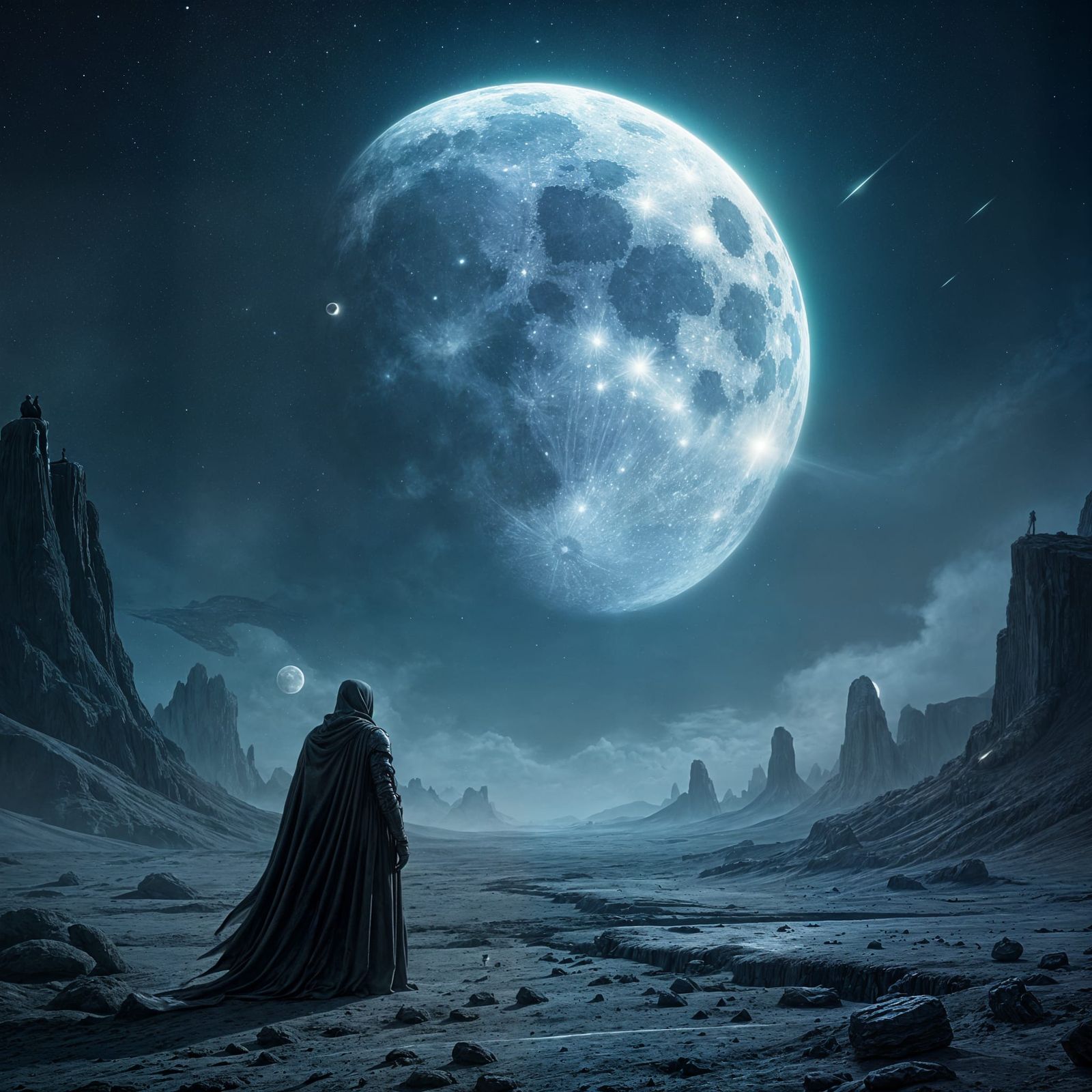 Lone Figure Under Fractured Cosmic Moon