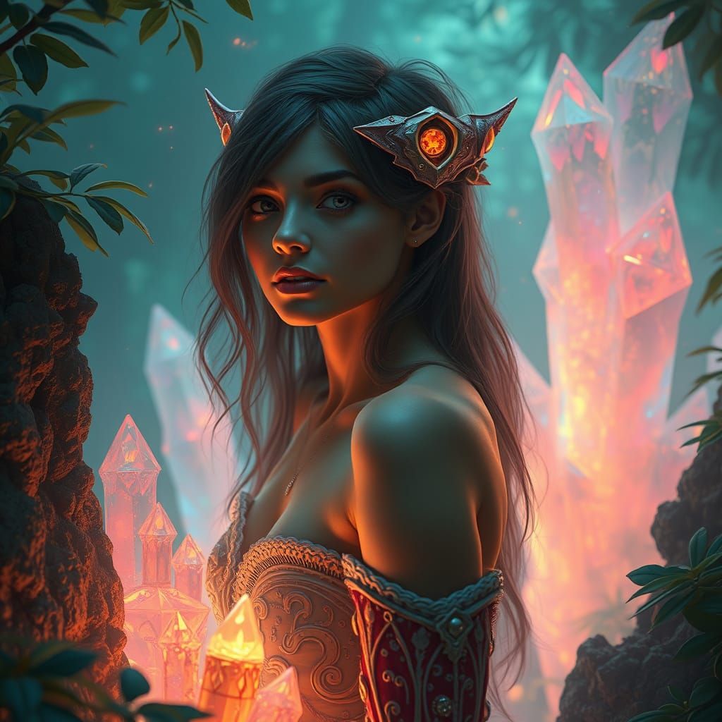 Mystical Woman in Crystal Cave, Surreal Digital Art