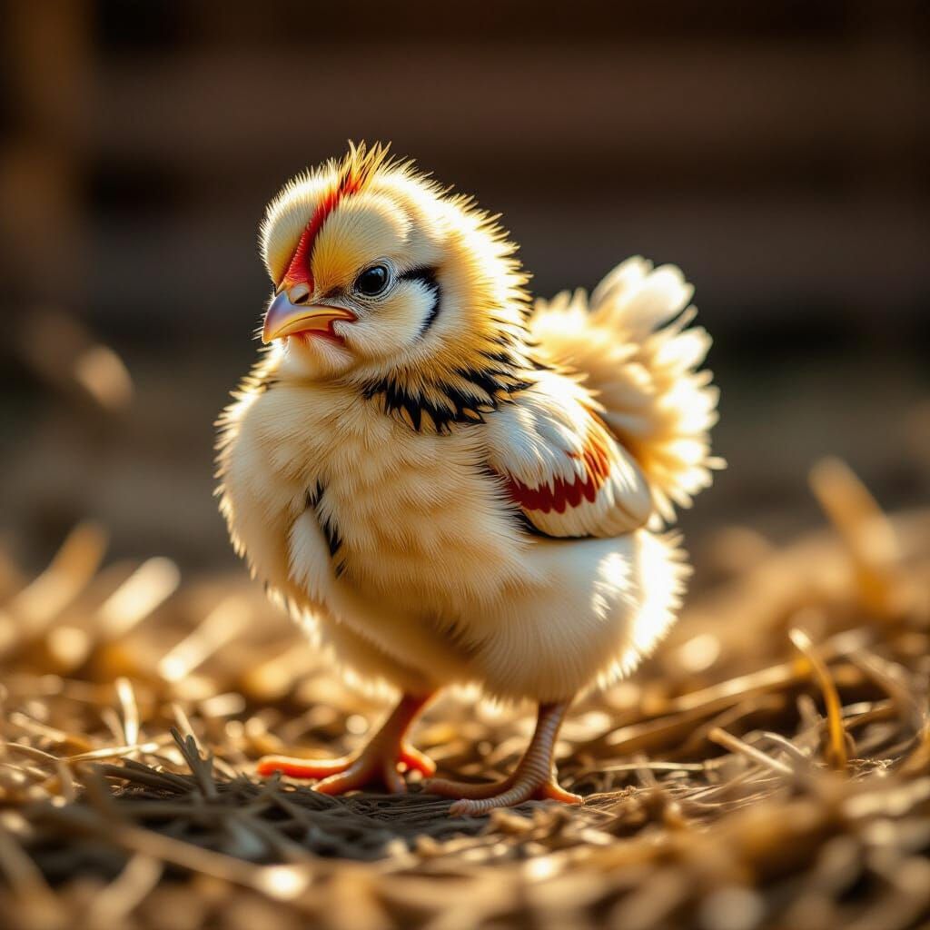 Grumpy Chick Wandering Barnyard: Photorealistic Film Still