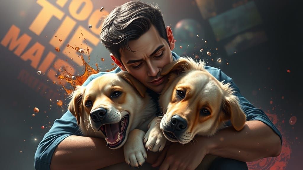 Hyperrealistic 3D Man Cuddling Two Dogs