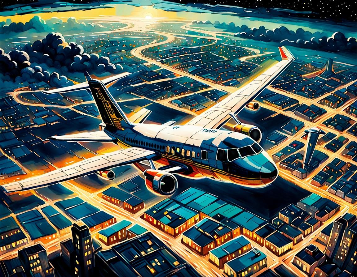 Night Cityscape Aerial View in Comic Book Style