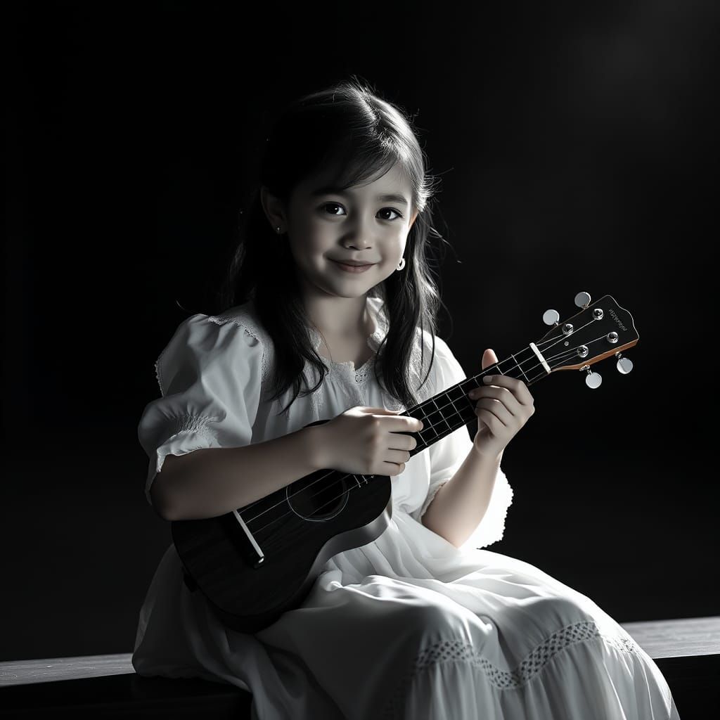 Girl with Ukulele on Stage in Matte Painting Style