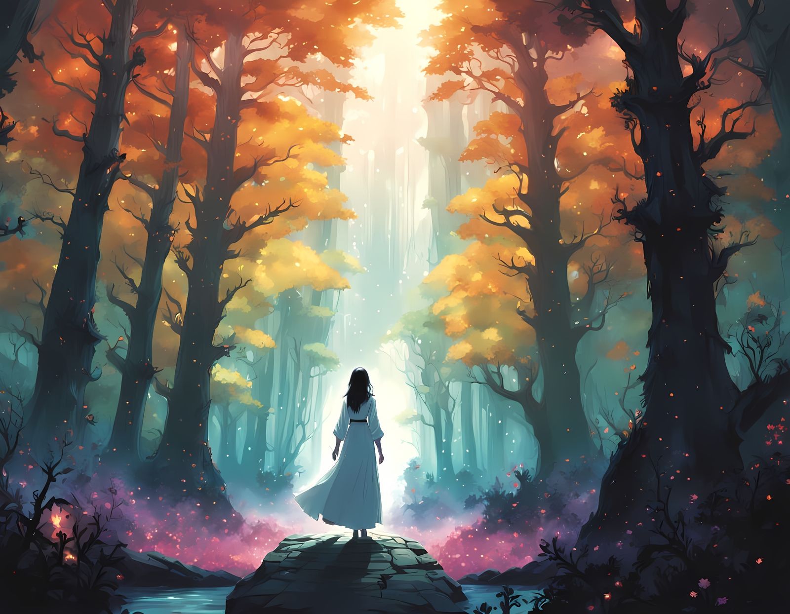 Woman Amidst an Enchanted Forest