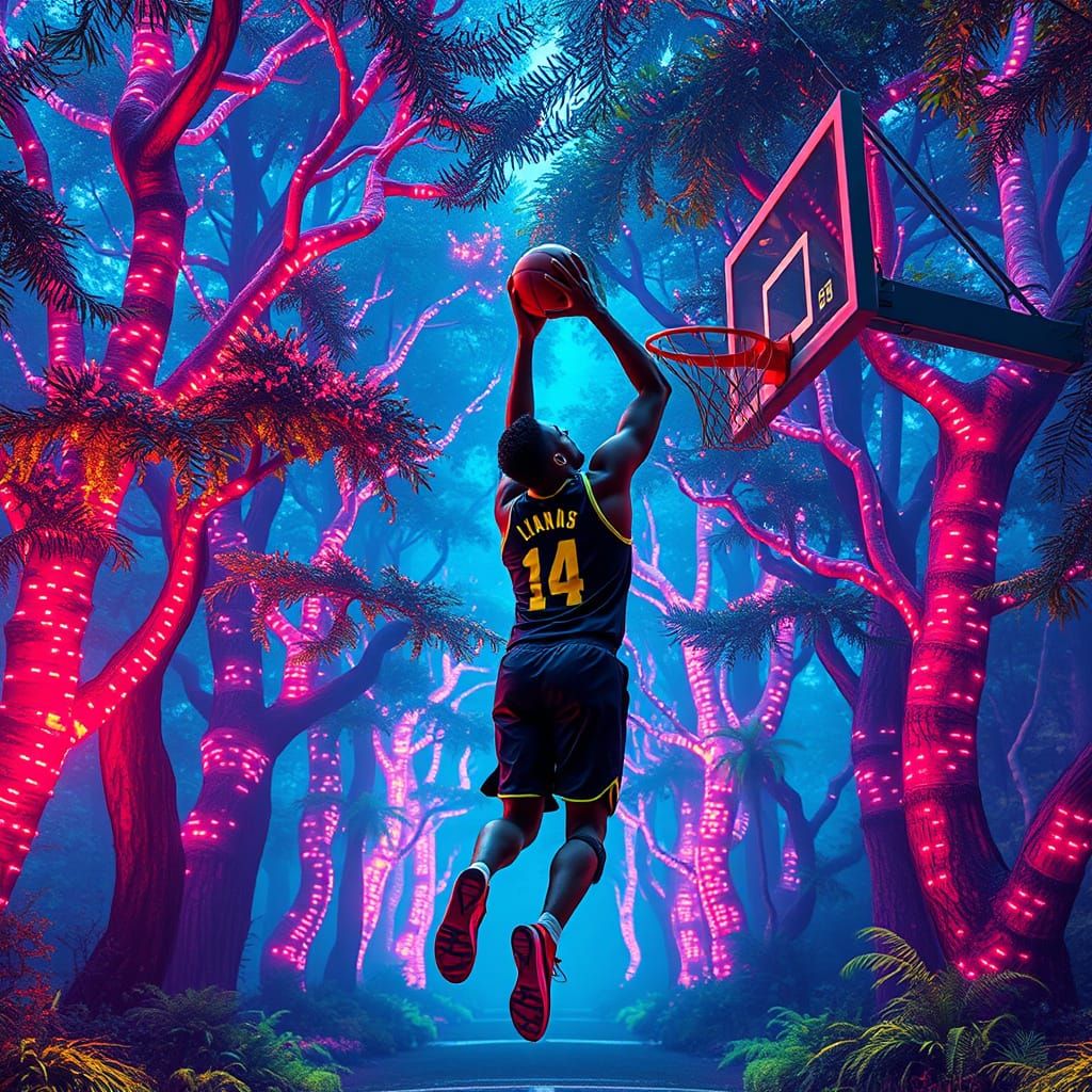 Basketball Player in Neon Futuristic Forest