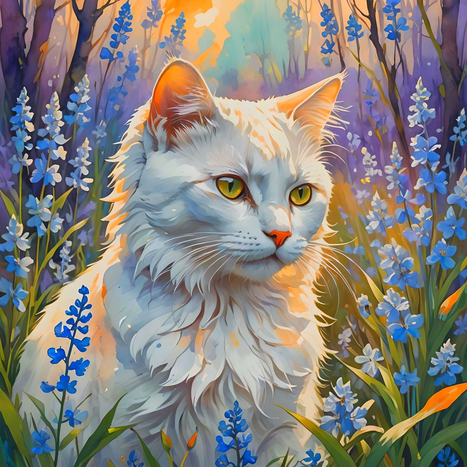 White Cat in Bluebells, Gouache Style Concept Art