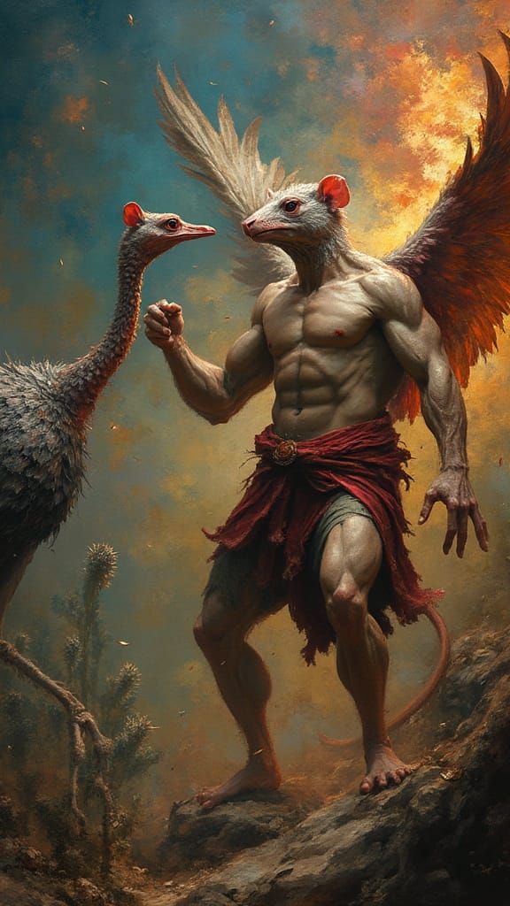 Regal Rat Demigod Battles Ostrich in Vibrant Baroque Landsca...