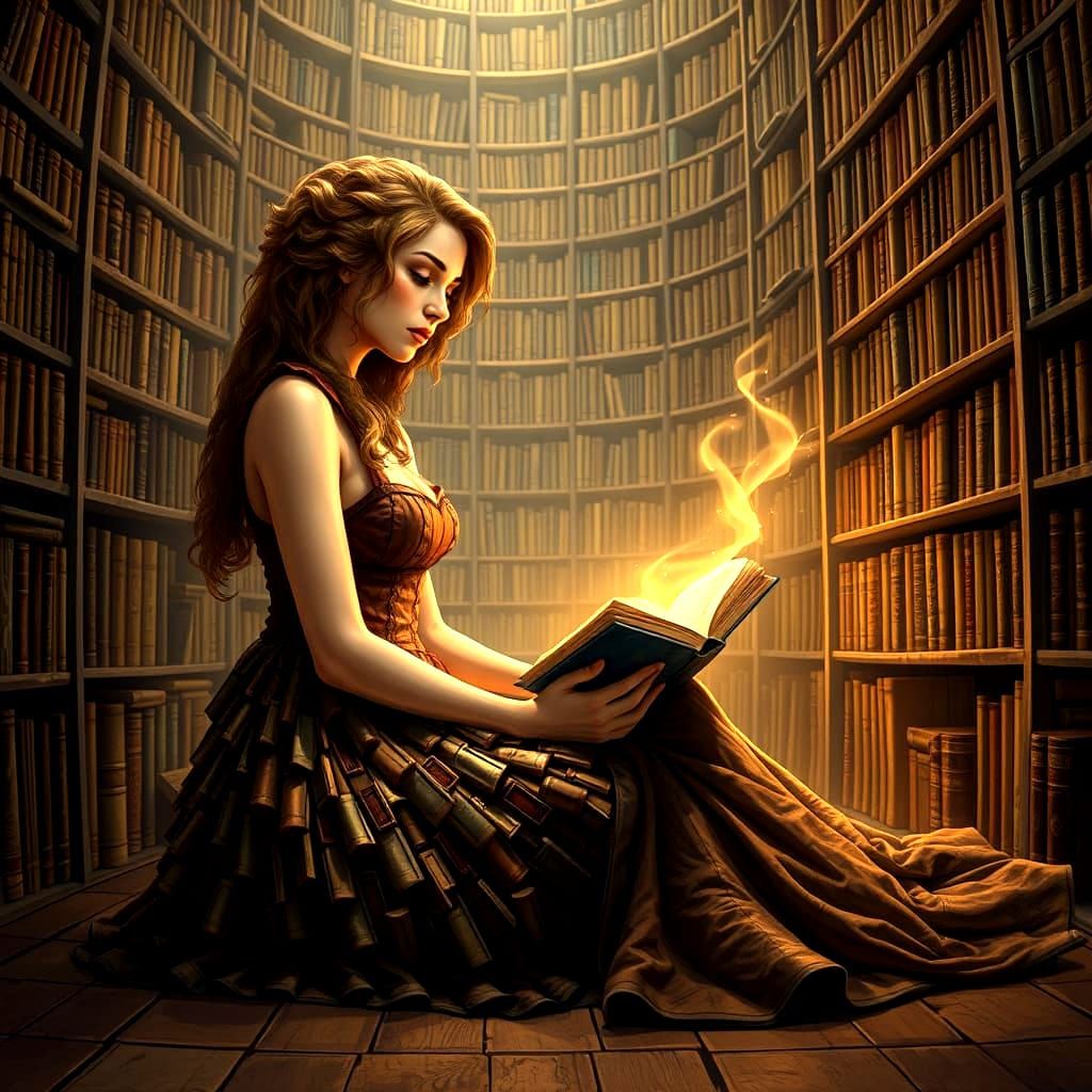 Library Keeper in Dress of Books: Fantasy Illustration