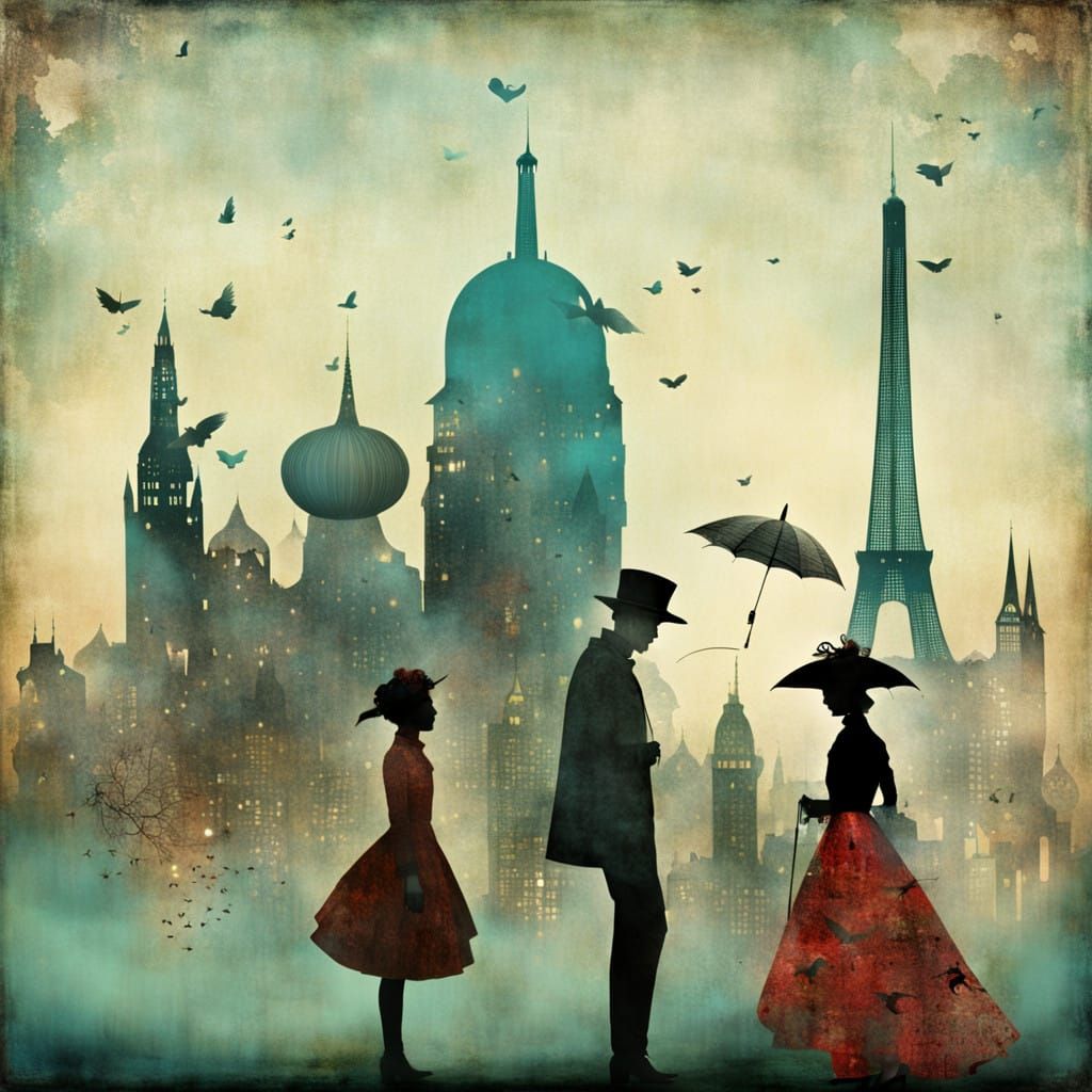 Maximalist Silhouette Citizens in Dreamlike Fantasy City