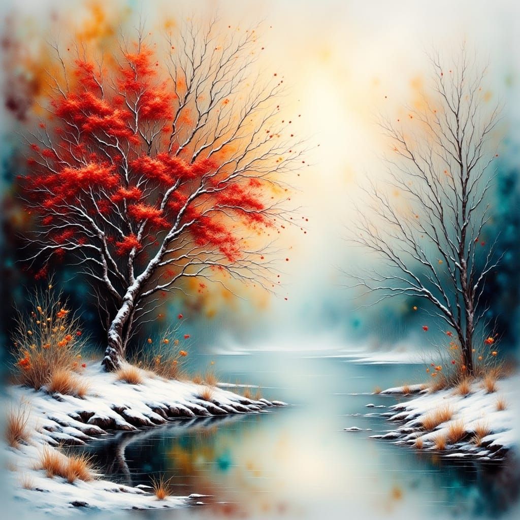 Winter Wonderland Pond in a Dreamlike Watercolor Scene