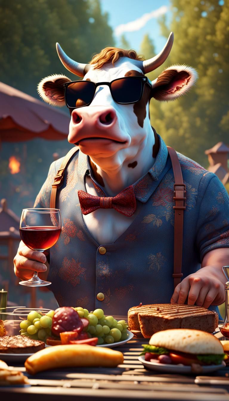 Cow Grilling Man: Detailed Matte Painting in Fantasy Style