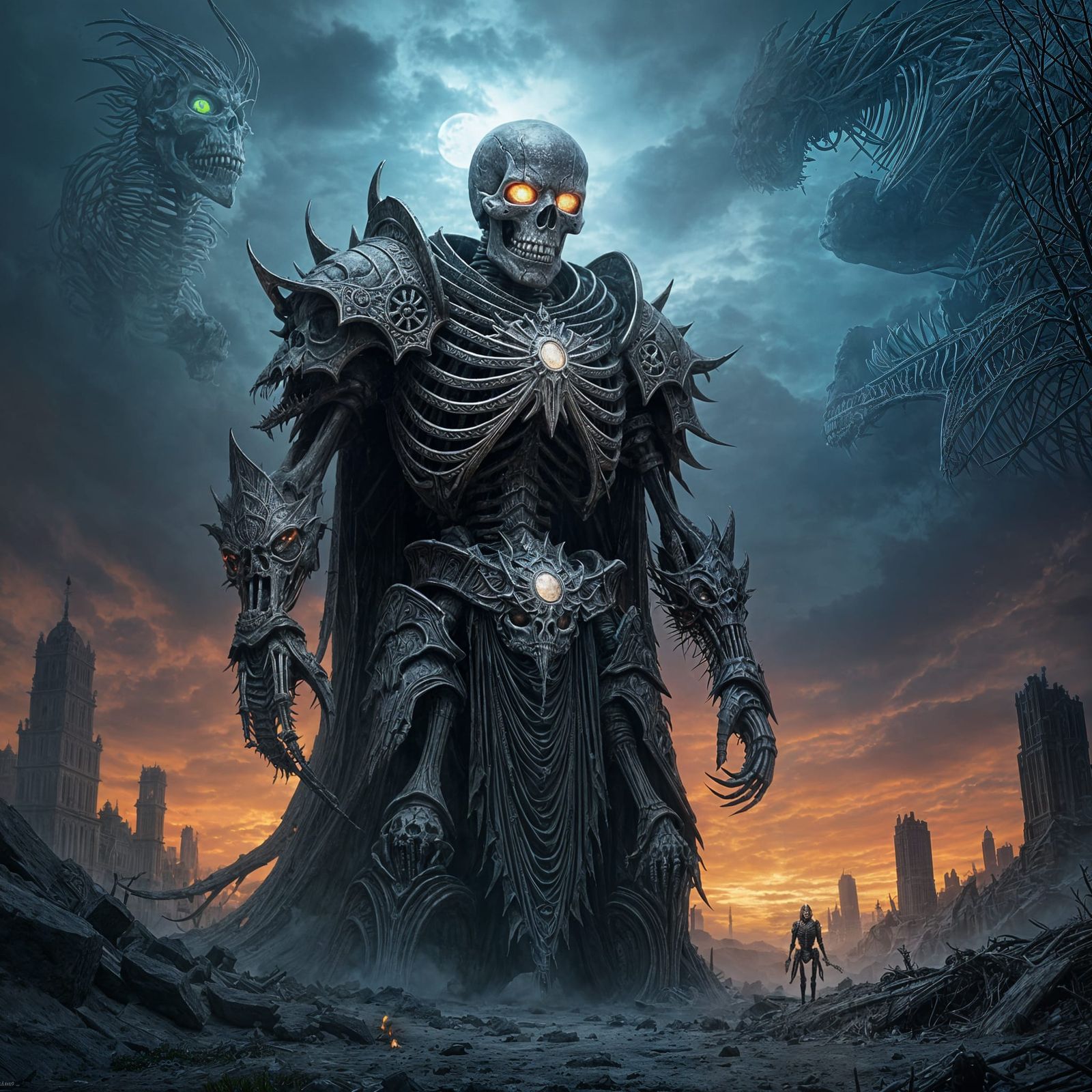 Skeleton Tyrant in Bone Armor on Ruined Battlefield