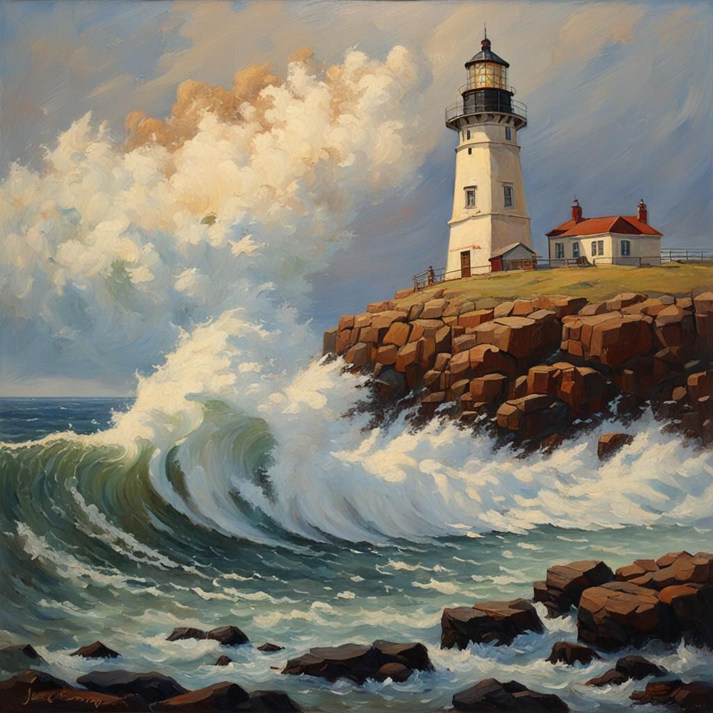 Dramatic Ocean Waves at Lighthouse, Oil Painting