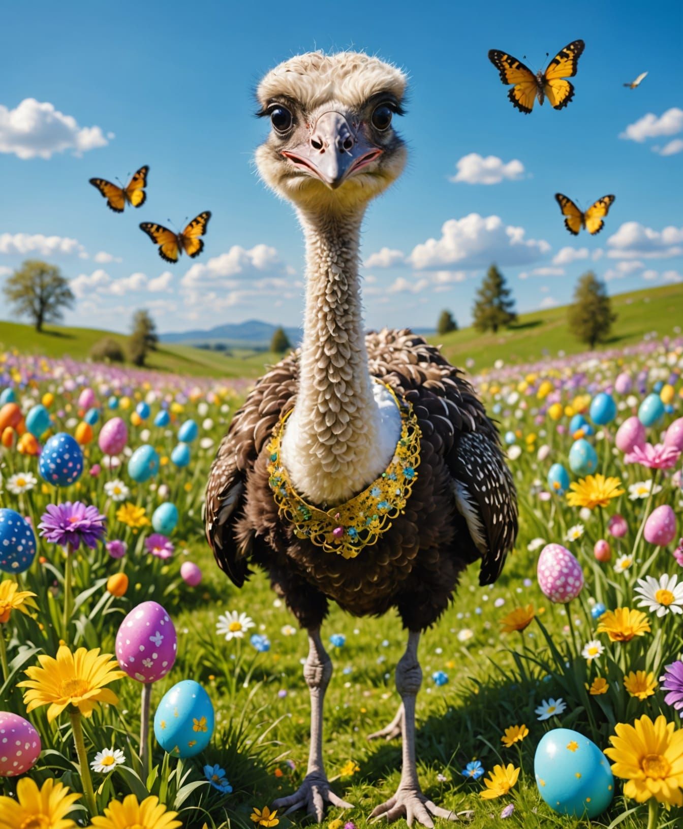 Colorful Easter Ostrich in Vibrant Spring Meadow