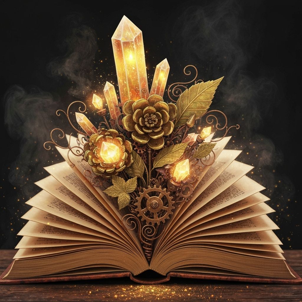 Steampunk Book with Mechanical Flowers and Crystals