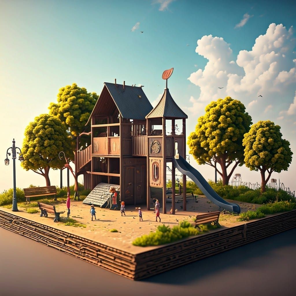 Miniature Playground Whimsy in Soft Blue Skies