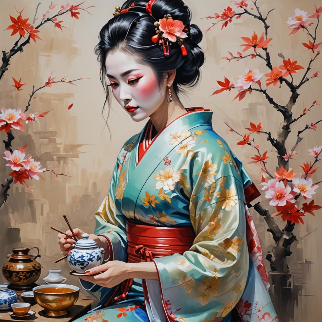 Geisha Tea Master in Kimono Oil Painting