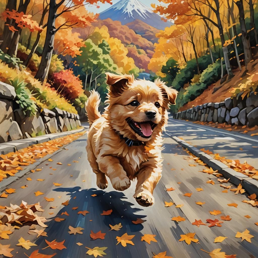 Joyful Puppy Runs Under Mount Fuji: Neo-Impressionist Art