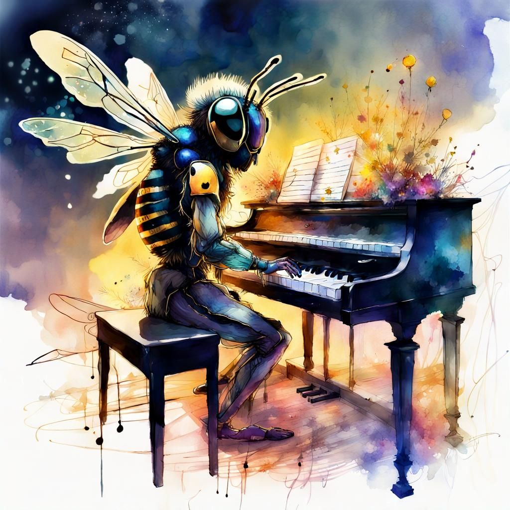 Bee Plays Piano in Watercolor Fantasy Sunset