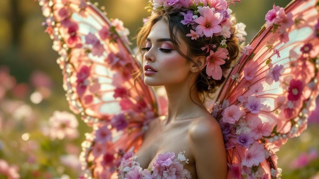 Floral Butterfly Wings in Dreamy Meadow: Fashion Photography