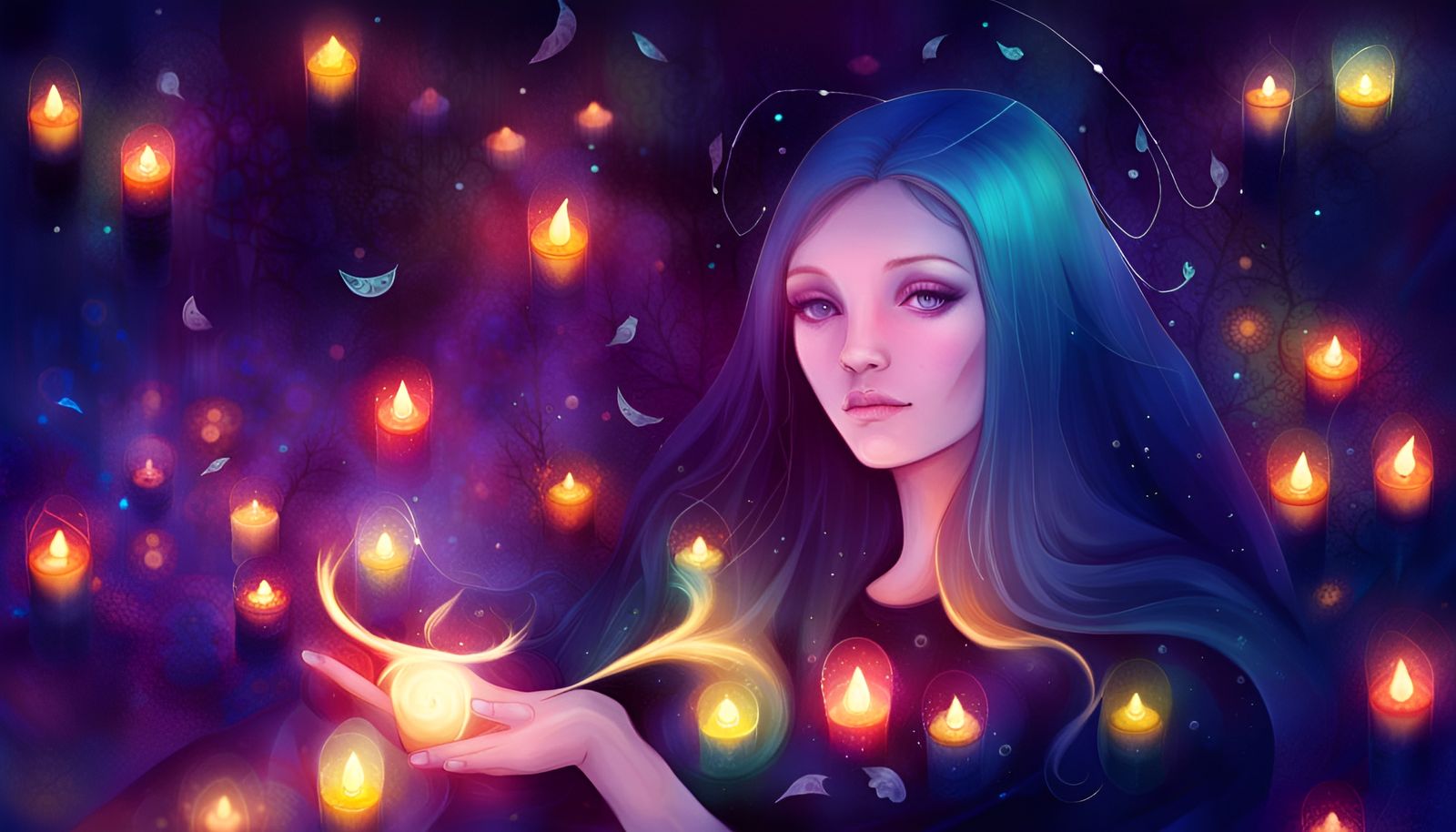 Colorful Witch with Candles in Digital Painting Style
