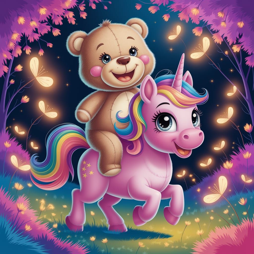 Teddy Bear and Unicorn in Firefly Forest