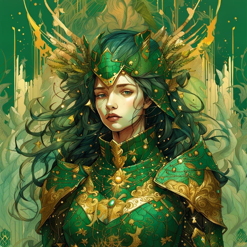 Gorgeous Knight Queen in Green and Gold Armor