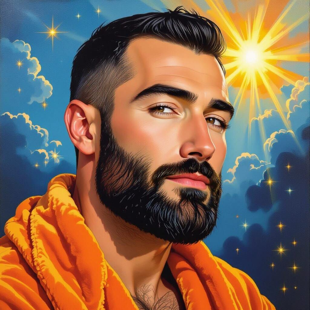 Proud Man in Velvet Robe Under Celestial Sky