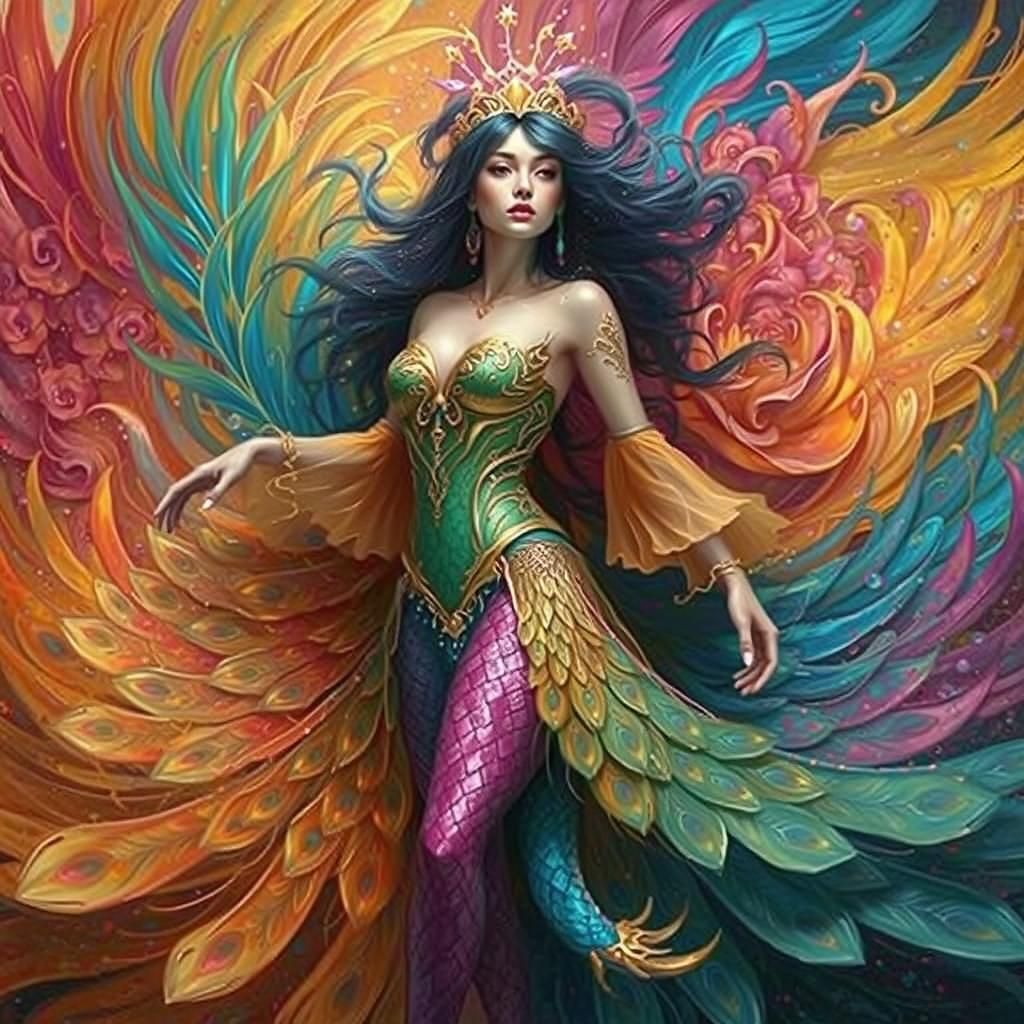 Dragon Peacock Woman in Abstract Expressionist Style