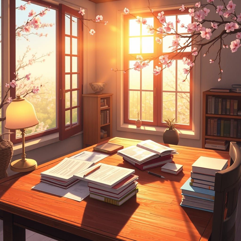 Tranquil Study Sanctuary in Warm Golden Light