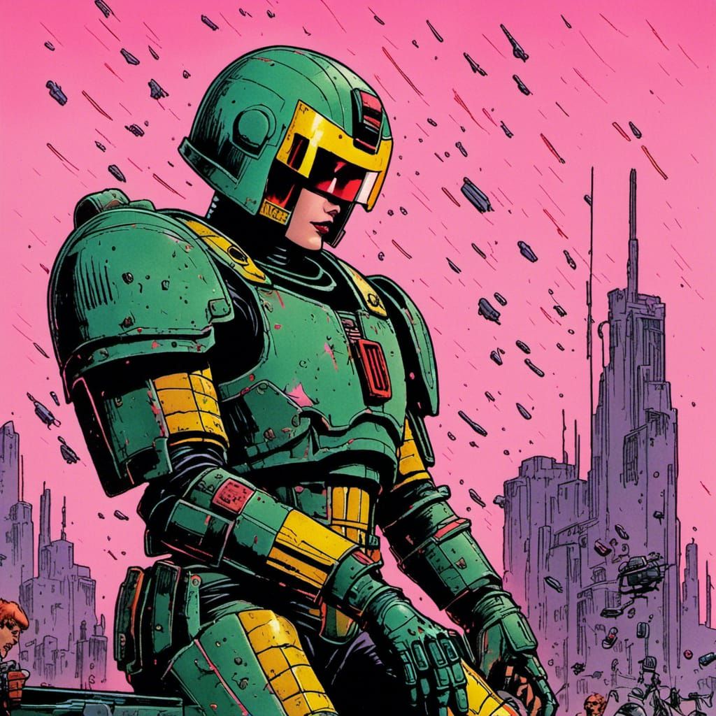 Judge Dredd in Cyberpunk Cityscape
