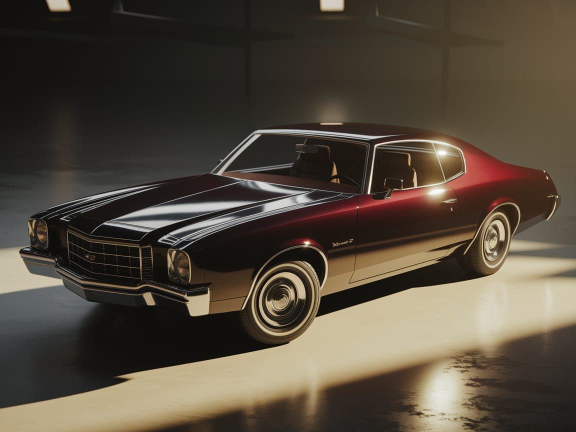 Vintage Dark Burgundy Chevrolet Monte Carlo in 1970s Garage