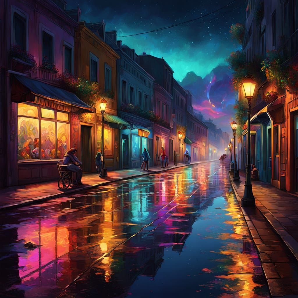 Vibrant Surreal Seaside Boulevard at Night