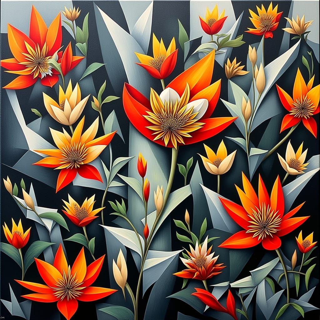 Botanical Tapestry with Fractured Flora in Hyperrealism