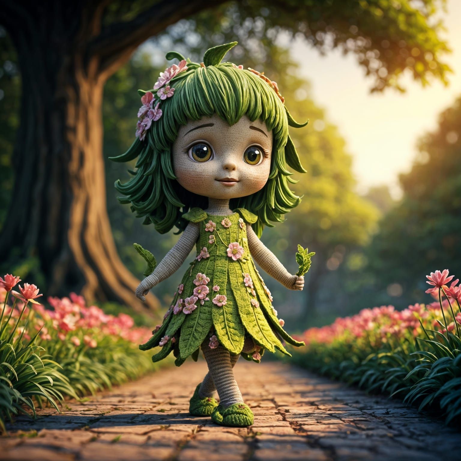 Crocheted Plant Girl in Park: Hyperrealistic CGI Render
