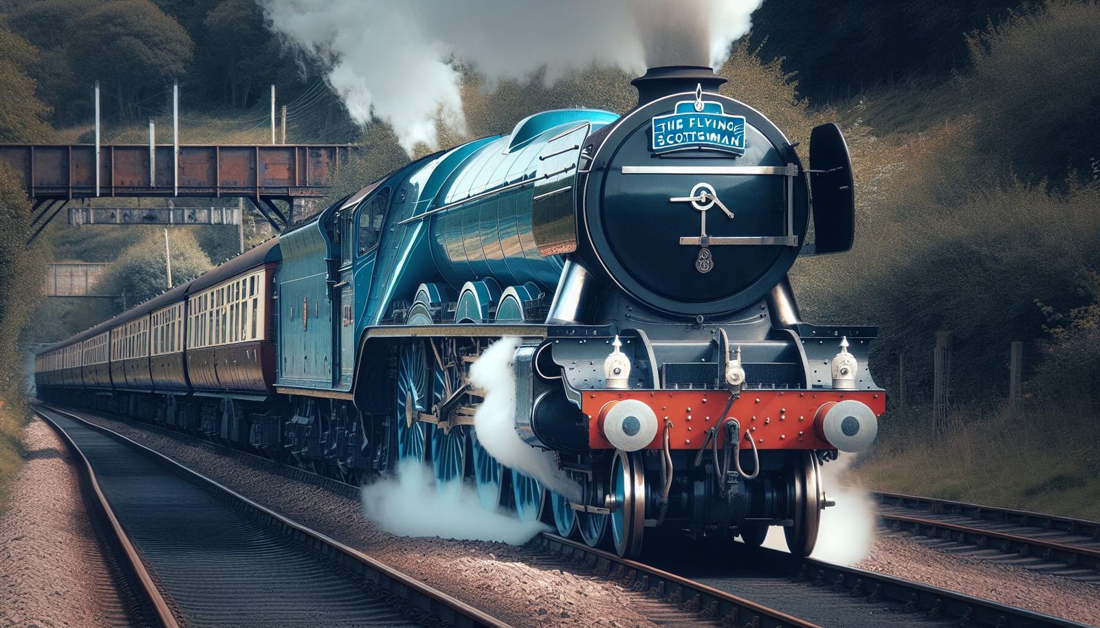 Vintage Blue Steam Locomotive Chugs Along Rural Railway