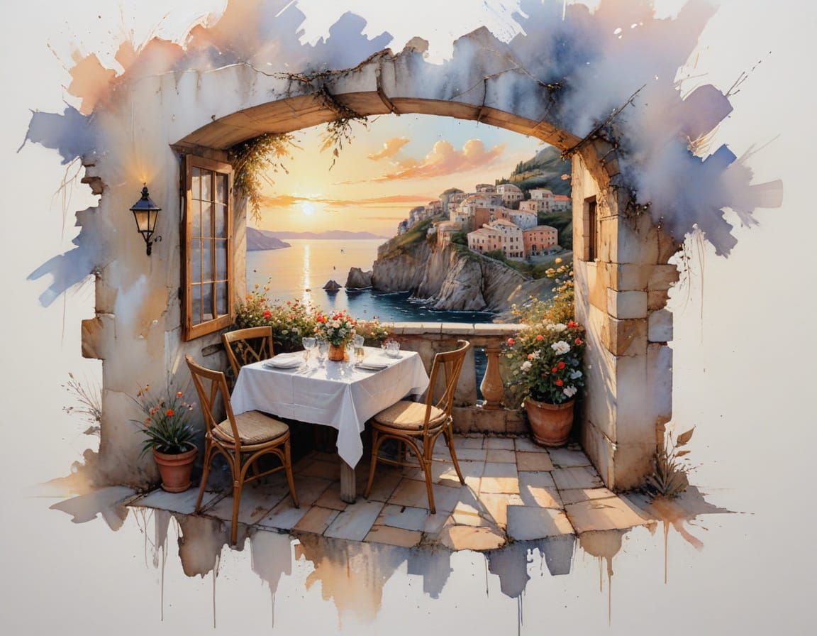 Mediterranean Village Sunset in Painterly Realism