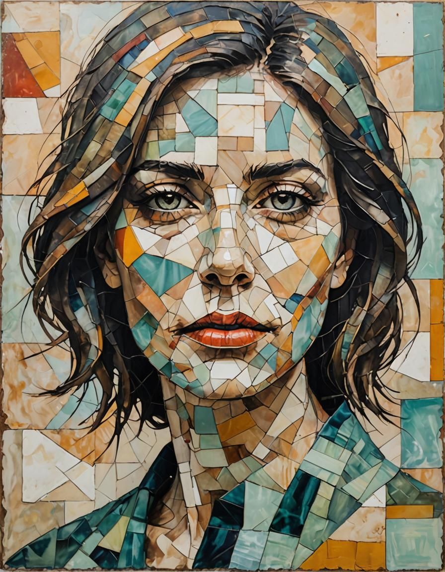 Encaustic Woman's Face in Geometric Figuration Libre Style