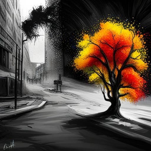 Colorful Graffiti Tree in Black and White Scene